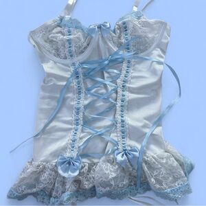 Blue & White Lace Corset Lingerie Top with bows